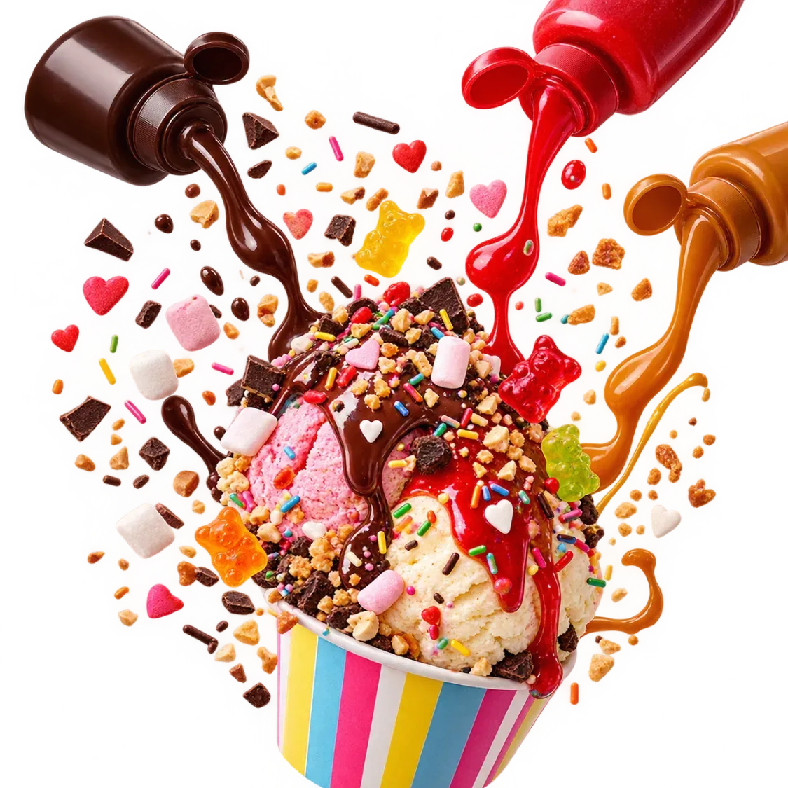 Eisbecher mit Soßen, Streuseln, Gummibärchen und Marshmallows